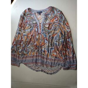 Democracy Womens Long Sleeve Print V Neck Tunic Top Blue Multi Color Size M